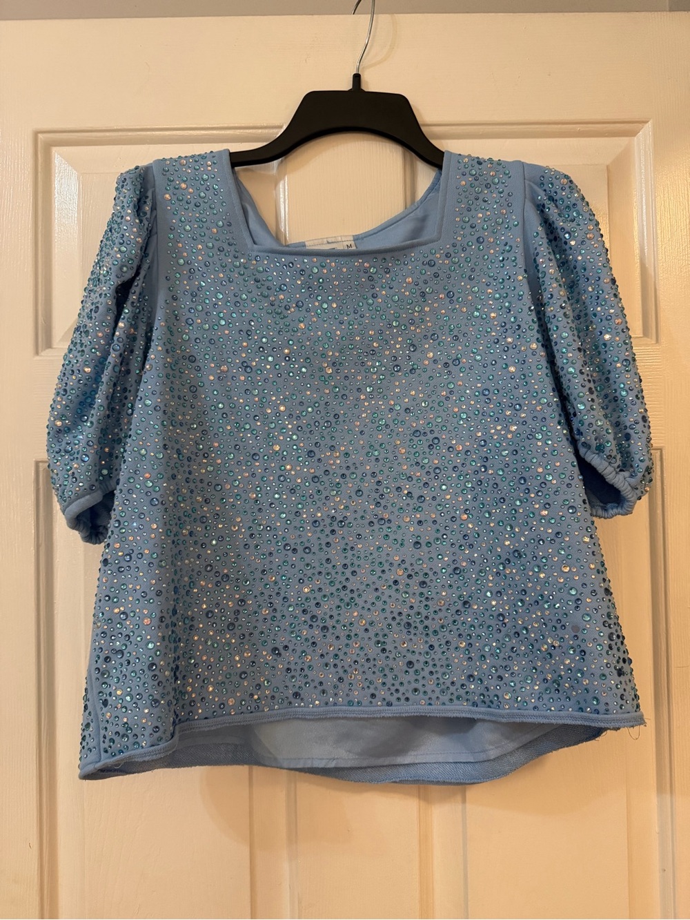 Queen of Sparkles Light Blue Rhinestone puff sleeve top